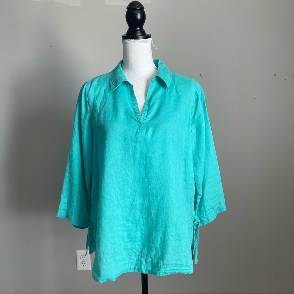 ISAAC MIZRAHI | Aqua 100% Linen Button Down Blouse Sz M - Picture 2 of 8